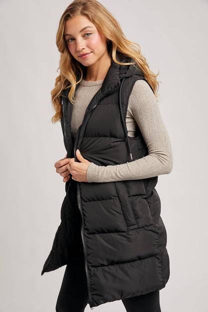 HOODED ZIPPER DOWN LONGLINE PUFFER VEST: Beige