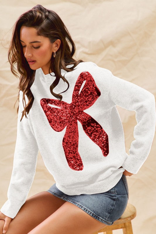 Big Sequins Ribbon Christmas Holidy Sweater Top - Ivory/Red