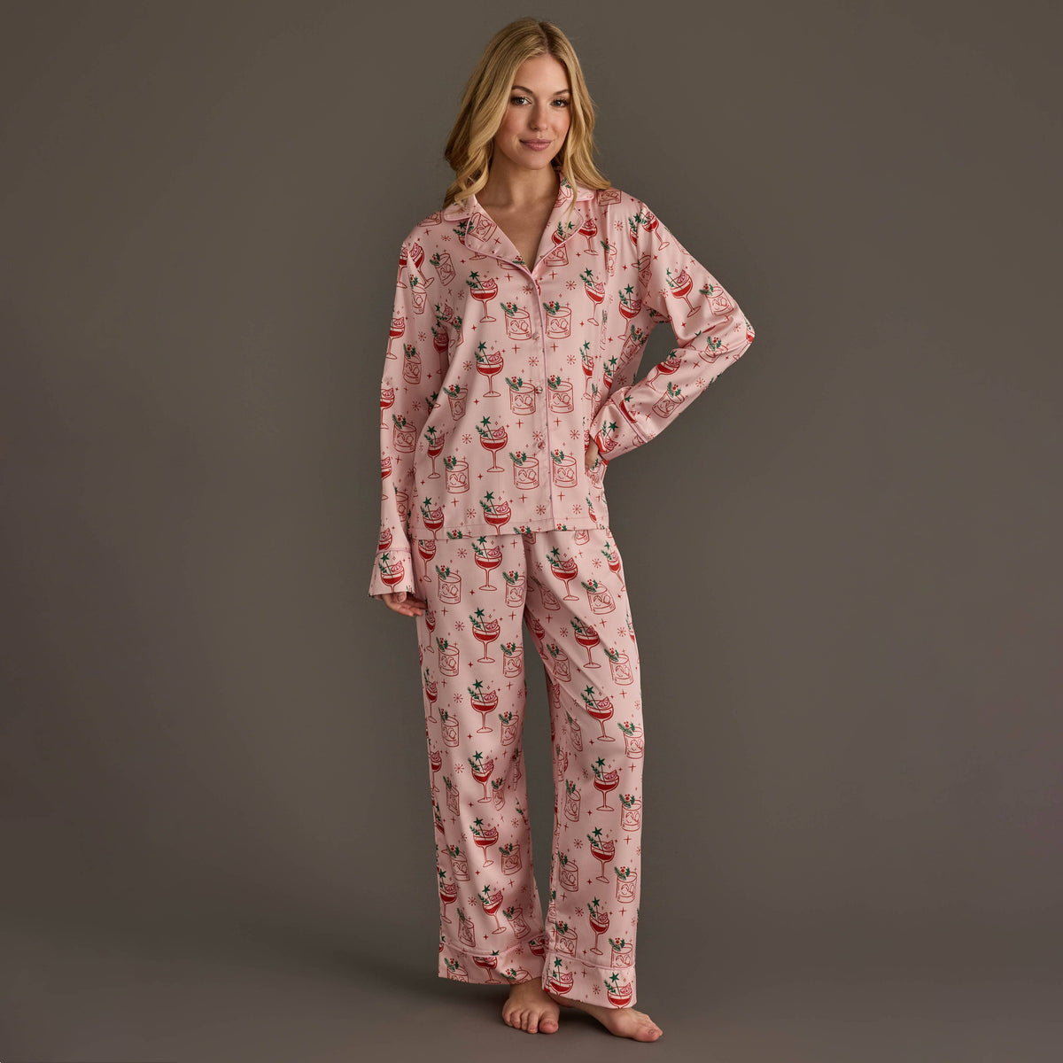 Lt. Pink Christmas Cocktails Satin Pajama Set