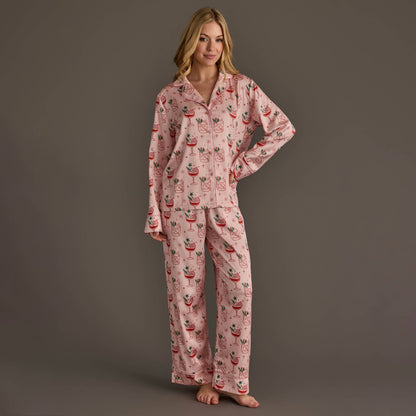 Lt. Pink Christmas Cocktails Satin Pajama Set