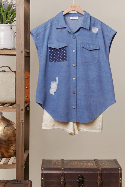 American Flag Denim Vest: Denim / S