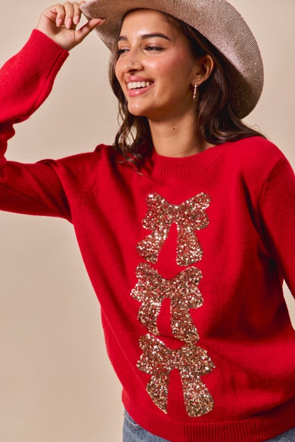 Sequins Bow Ribbon Embellished Holiday Sweater Top - Red/Gold