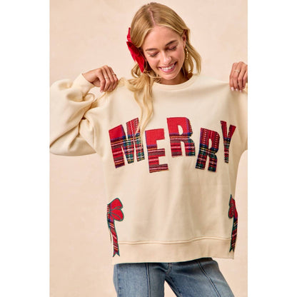 CHRISTMAS PLAID MERRY SIDE BOW PATCHES SWEATSHIRT: CREAM/RED PLAID / L