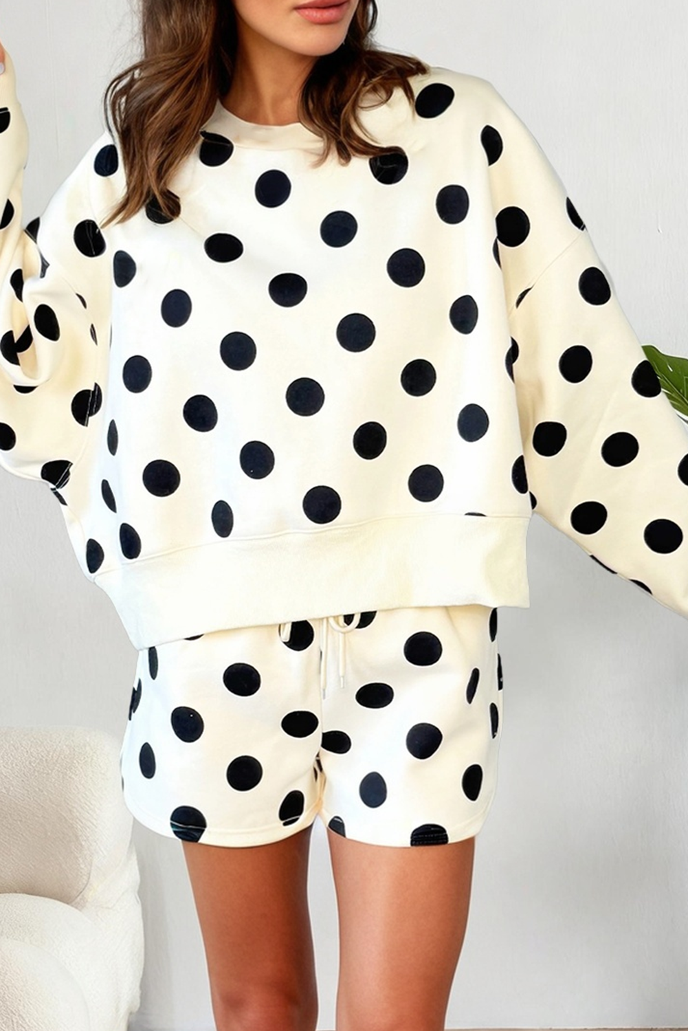 LAS Polka Dot Looks Pullover Drawstring Shorts Sets (S-XL): Beige / Missy / M
