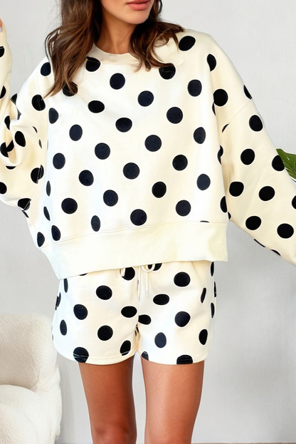 LAS Polka Dot Looks Pullover Drawstring Shorts Sets (S-XL): Beige / Missy / S