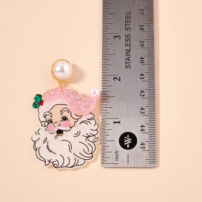 Pearl Pink Santa Face Drop Earrings | Acrylic Christmas Dangles: Pink / One / 4SE31128