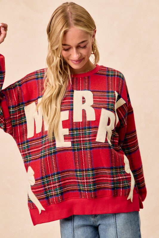 Merry Sweatshirt with Bows- Plaid