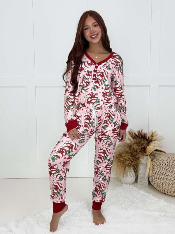 Shirley & Co Holiday Pink Cake Tree LS Jogger Pajamas