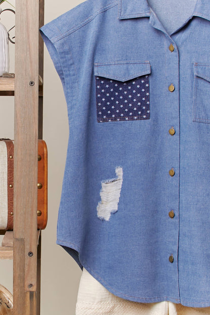 American Flag Denim Vest: Denim / M
