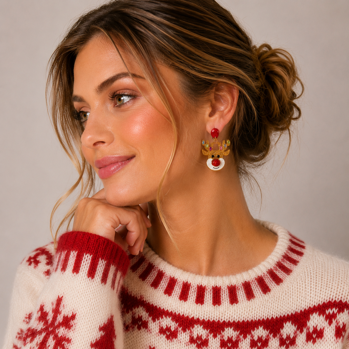 Glitter Rudolph Reindeer Earrings | Rhinestone Christmas Dangles: Multi / One / 4SE31141