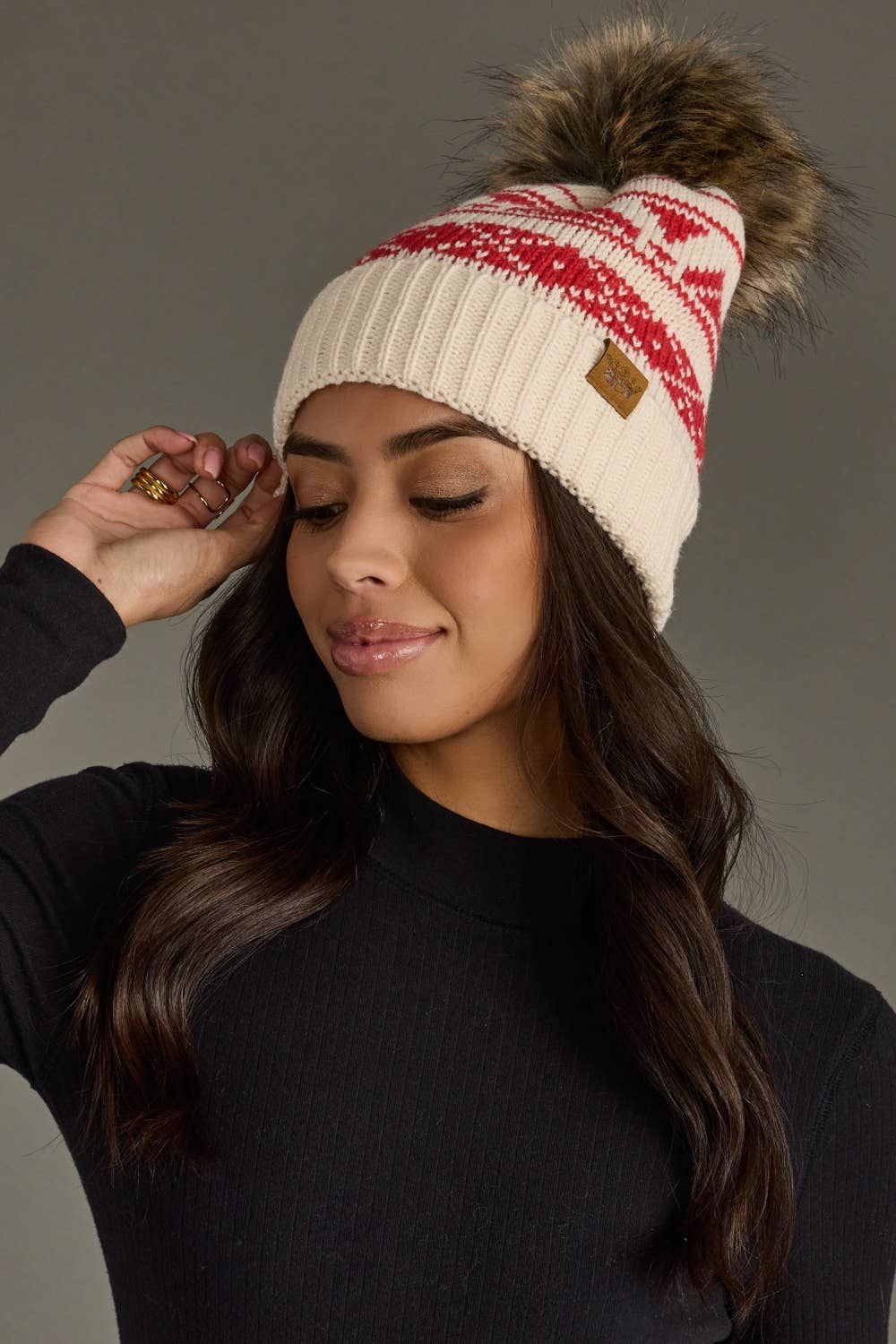 Cream & Red Patterned Pom Hat