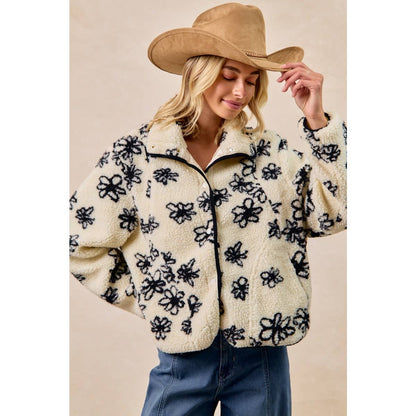 FLORAL PATTERN PIPING DETAIL FLEECE JACKET: IVORY/BLACK / XL
