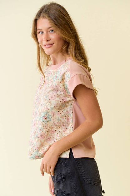 FLORAL EMBROIDERY PRINT & TERRY MIX MUSCLE TOP - 45520T: BUTTER / L
