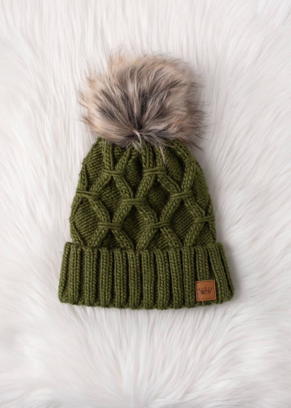 Green Diamond Cable Knit Pom Hat