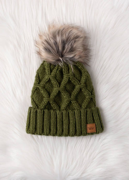 Green Diamond Cable Knit Pom Hat