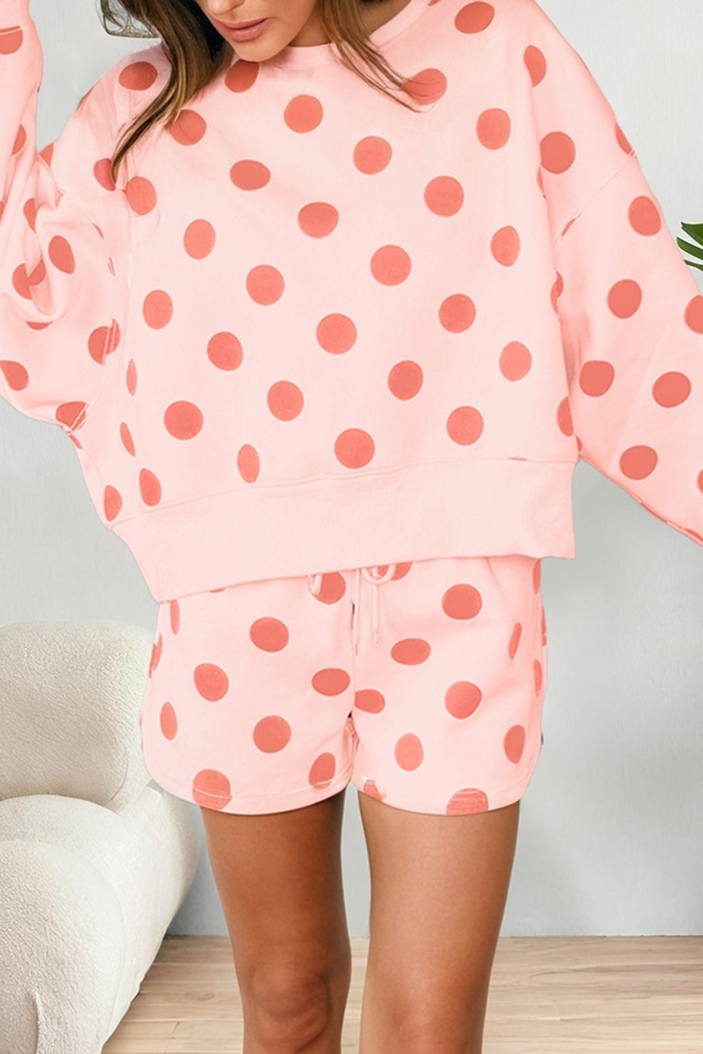 LAS Polka Dot Looks Pullover Drawstring Shorts Sets (S-XL): Beige / Missy / XL