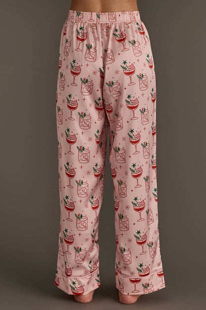 Lt. Pink Christmas Cocktails Satin Pajama Set