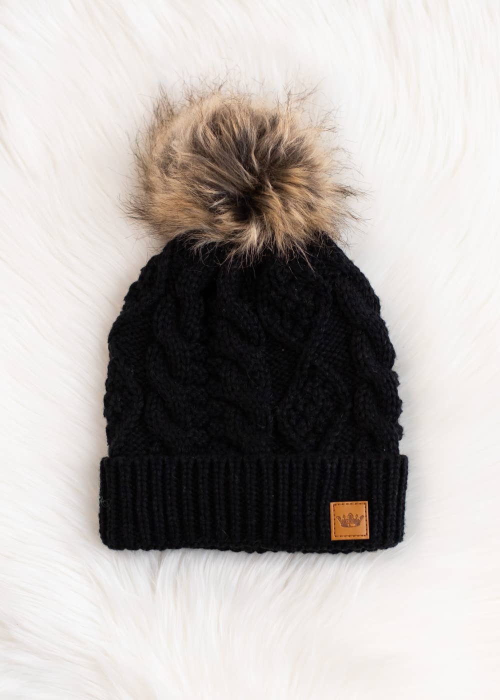 Black Cable Knit w/ Natural Pom Hat