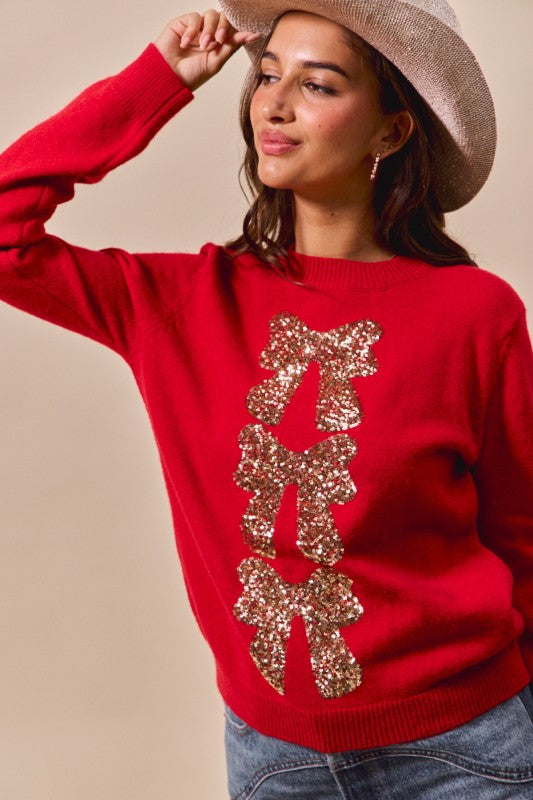 Sequins Bow Ribbon Embellished Holiday Sweater Top - Red/Gold