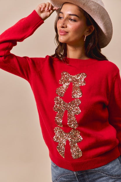 Sequins Bow Ribbon Embellished Holiday Sweater Top - Red/Gold
