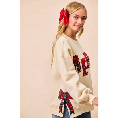 CHRISTMAS PLAID MERRY SIDE BOW PATCHES SWEATSHIRT: CREAM/RED PLAID / S