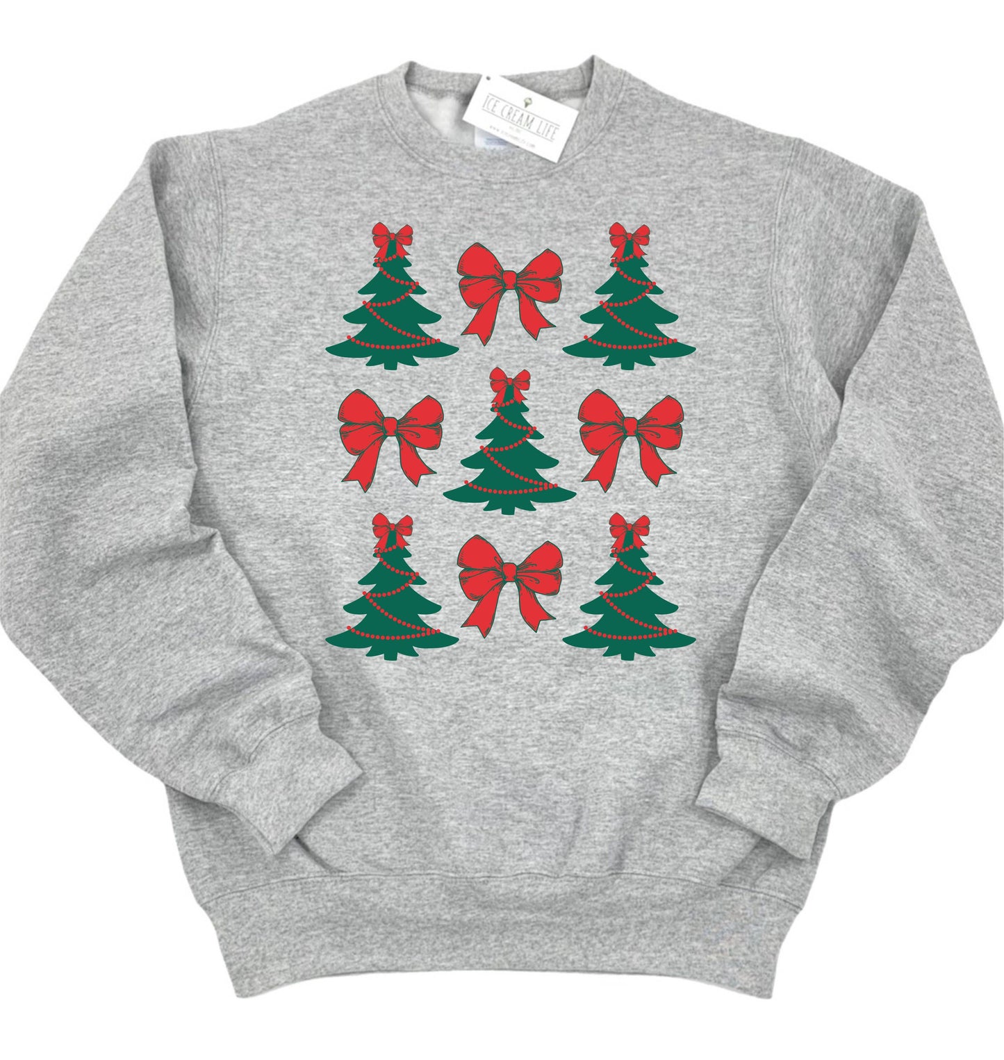 Womens Christmas Sweatshirt Trendy Bows and Christmas Trees
