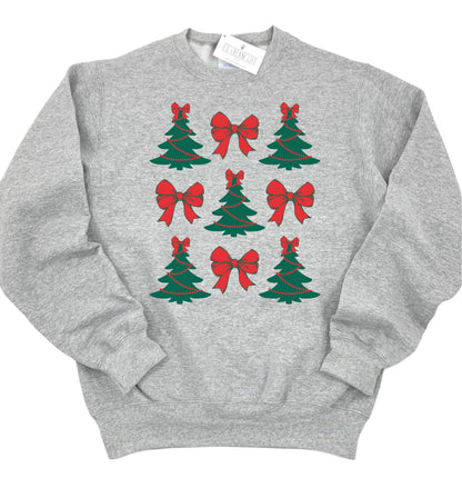 Womens Christmas Sweatshirt Trendy Bows and Christmas Trees