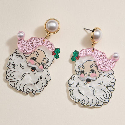 Pearl Pink Santa Face Drop Earrings | Acrylic Christmas Dangles: Pink / One / 4SE31128