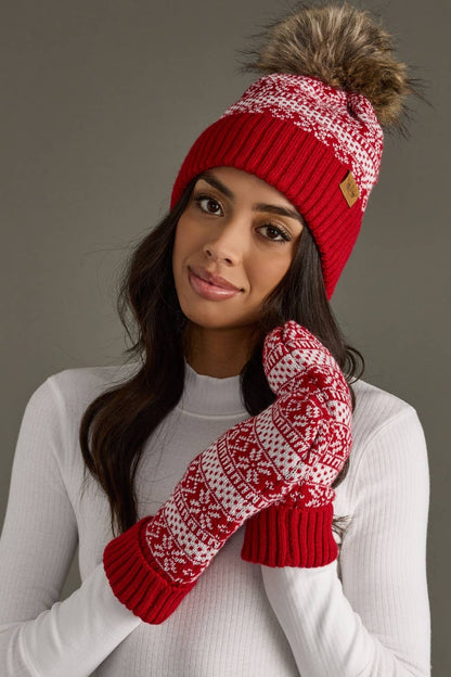 Red & White Winter Pattern Pom Hat
