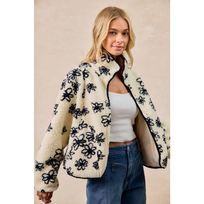 FLORAL PATTERN PIPING DETAIL FLEECE JACKET: IVORY/BLACK / S