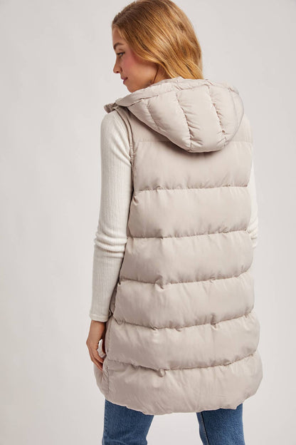 HOODED ZIPPER DOWN LONGLINE PUFFER VEST: Beige