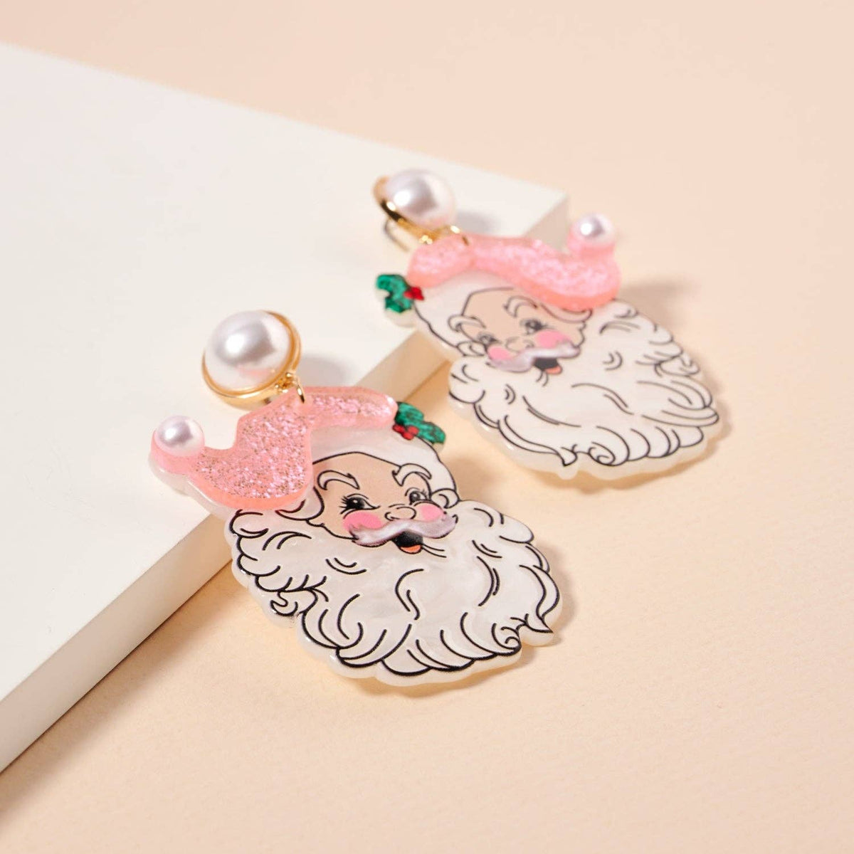 Pearl Pink Santa Face Drop Earrings | Acrylic Christmas Dangles: Pink / One / 4SE31128