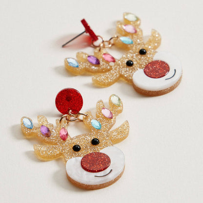 Glitter Rudolph Reindeer Earrings | Rhinestone Christmas Dangles: Multi / One / 4SE31141