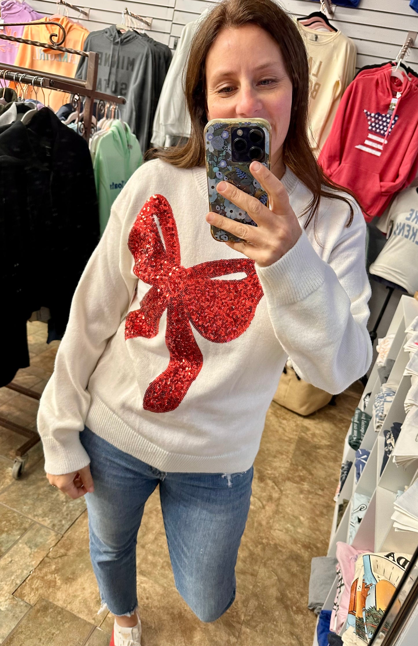 Big Sequins Ribbon Christmas Holidy Sweater Top - Ivory/Red