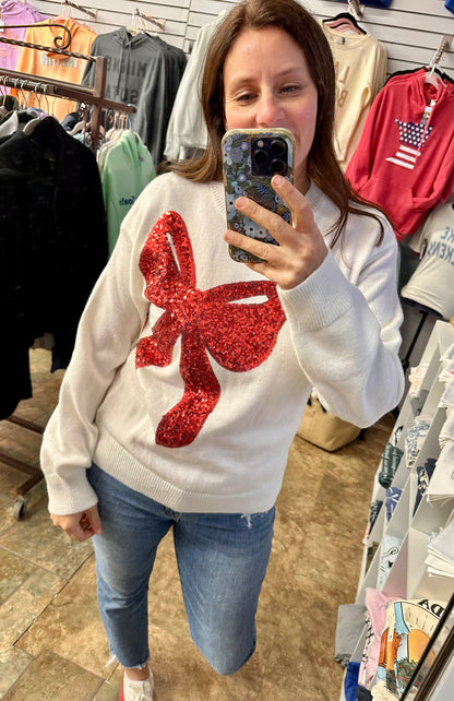 Big Sequins Ribbon Christmas Holidy Sweater Top - Ivory/Red