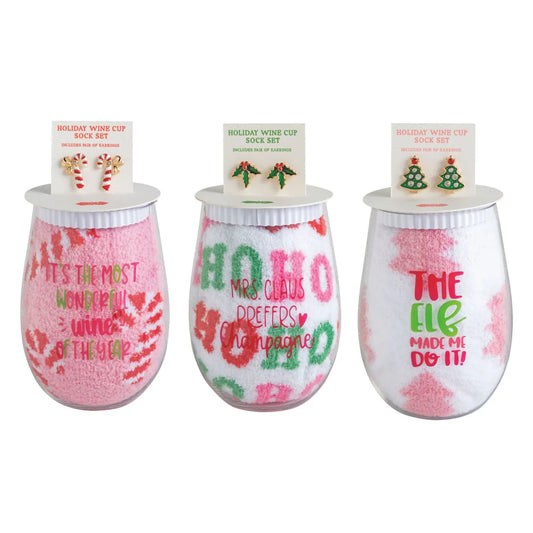 Mud Pie Wine Glass, Earrings and Sock Set