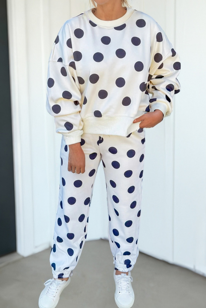 LAS Polka Dot Looks Pullover Drawstring Shorts Sets (S-XL): Beige / Missy / M