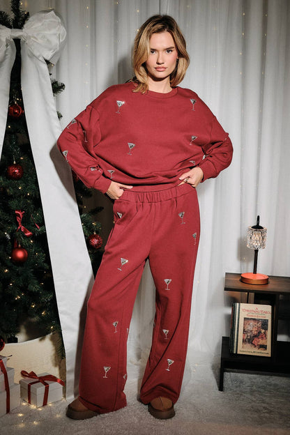 Sequin Martini Embroidered French Terry Sweatpants: Burgundy / M