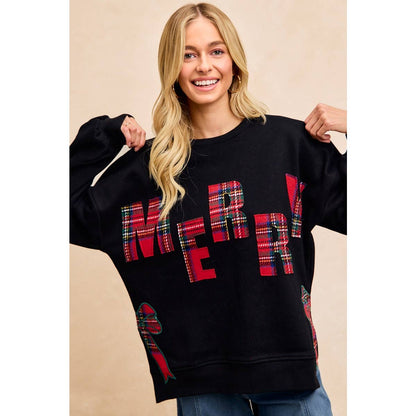 CHRISTMAS PLAID MERRY SIDE BOW PATCHES SWEATSHIRT: CREAM/RED PLAID / S