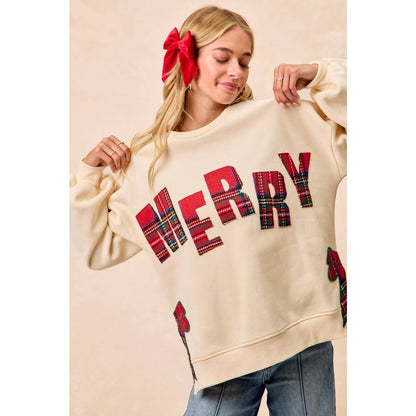 CHRISTMAS PLAID MERRY SIDE BOW PATCHES SWEATSHIRT: CREAM/RED PLAID / L