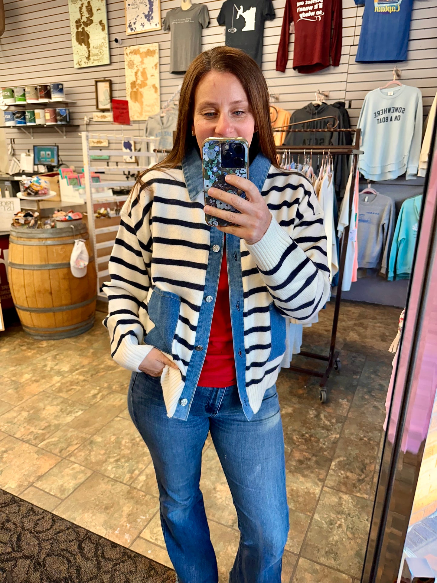 Button Down Stripe Denim Collared Sweater