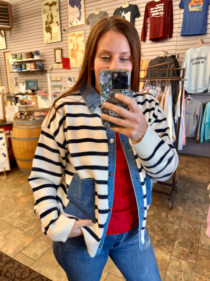 Button Down Stripe Denim Collared Sweater