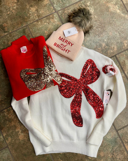 Big Sequins Ribbon Christmas Holidy Sweater Top - Ivory/Red