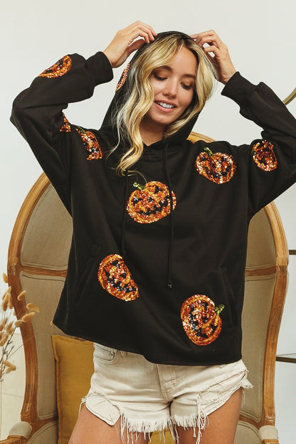 SEQUIN PUMPKIN PATCHES ALLOVER HOODIE