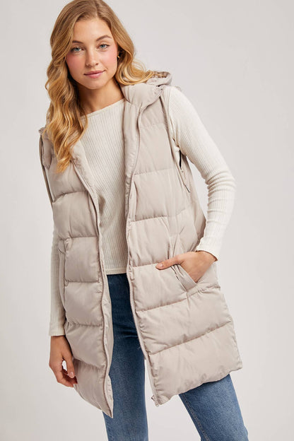 HOODED ZIPPER DOWN LONGLINE PUFFER VEST: Beige