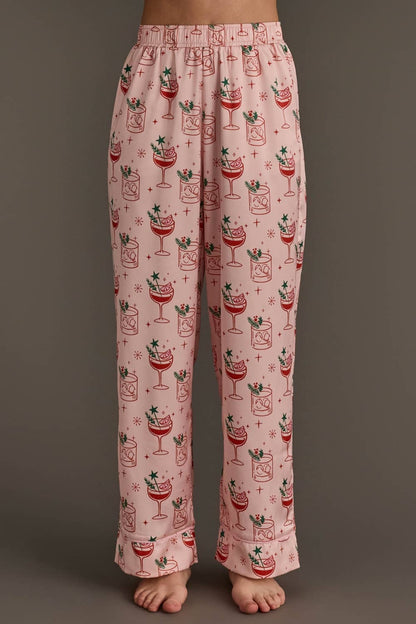 Lt. Pink Christmas Cocktails Satin Pajama Set