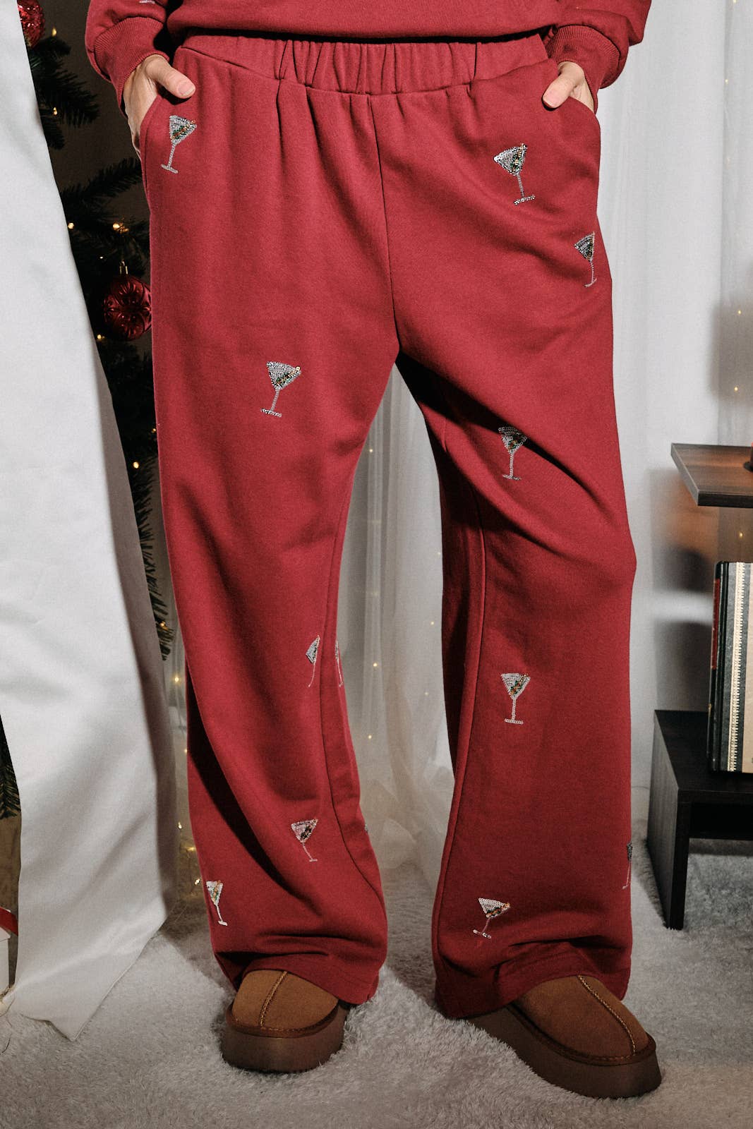 Sequin Martini Embroidered French Terry Sweatpants: Burgundy / M