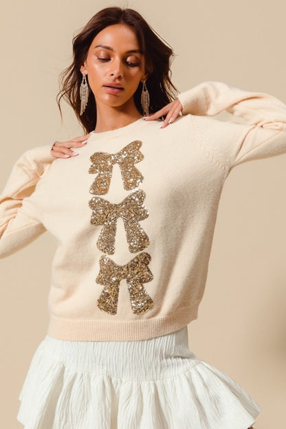 Sequins Bow Ribbon Embellished Holiday Sweater Top - Cream/Gold