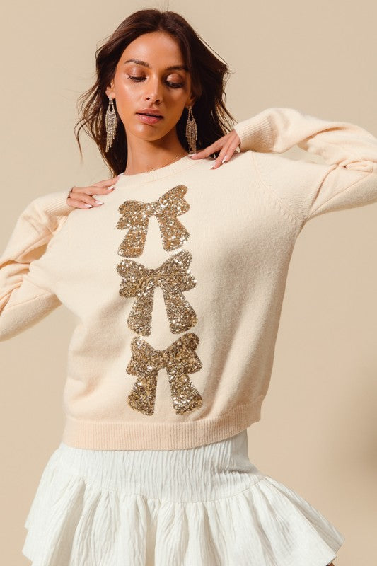 Sequins Bow Ribbon Embellished Holiday Sweater Top - Cream/Gold