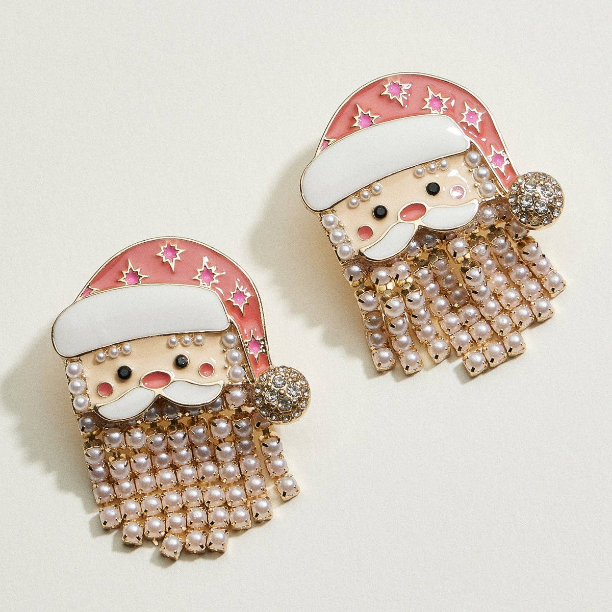 Pearl Fringe Santa Face Earrings | Enamel Holiday Studs: NA / One / EE1834